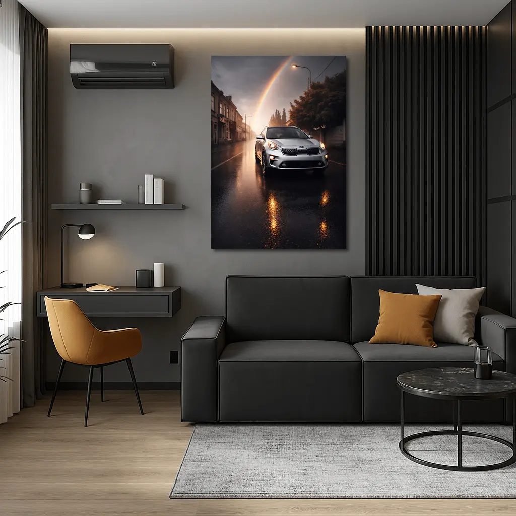 Kia Niro SUV on Rainy Street Rainbow – Wall Art