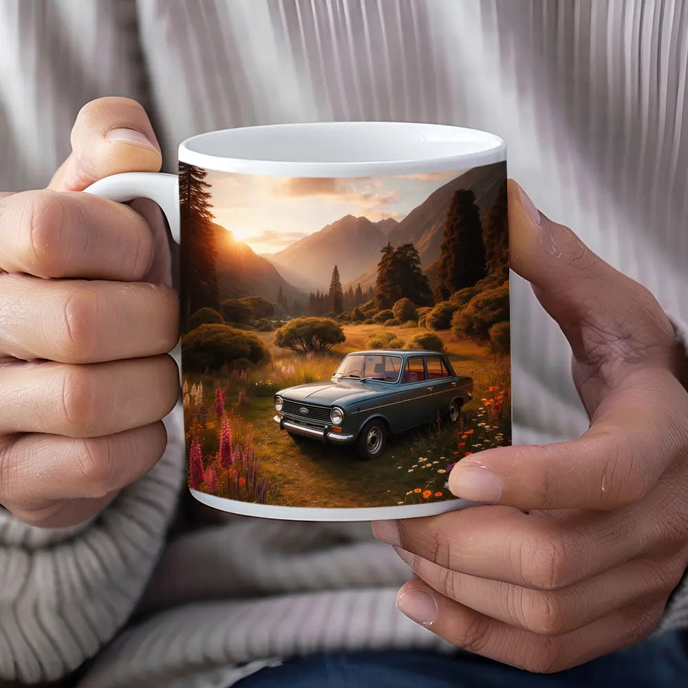 Retro Kia Classic Car Mountain Meadow Sunset – Mugs