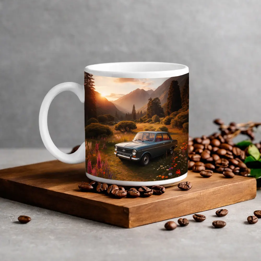 Retro Kia Classic Car Mountain Meadow Sunset – Mugs