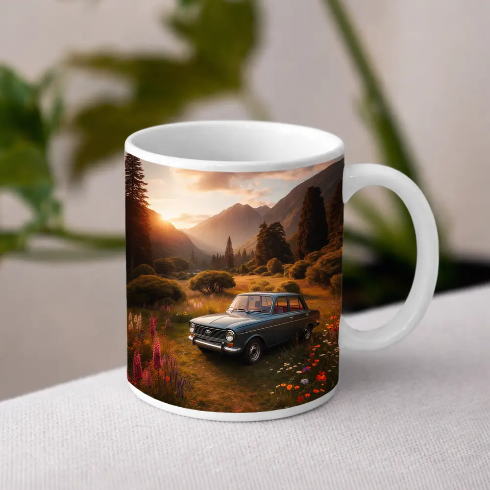 Retro Kia Classic Car Mountain Meadow Sunset – Mugs