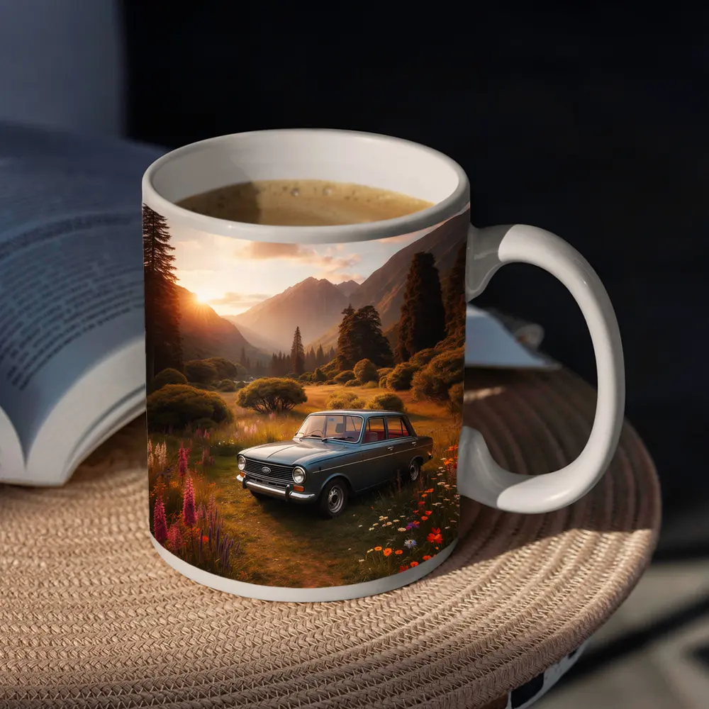 Retro Kia Classic Car Mountain Meadow Sunset – Mugs