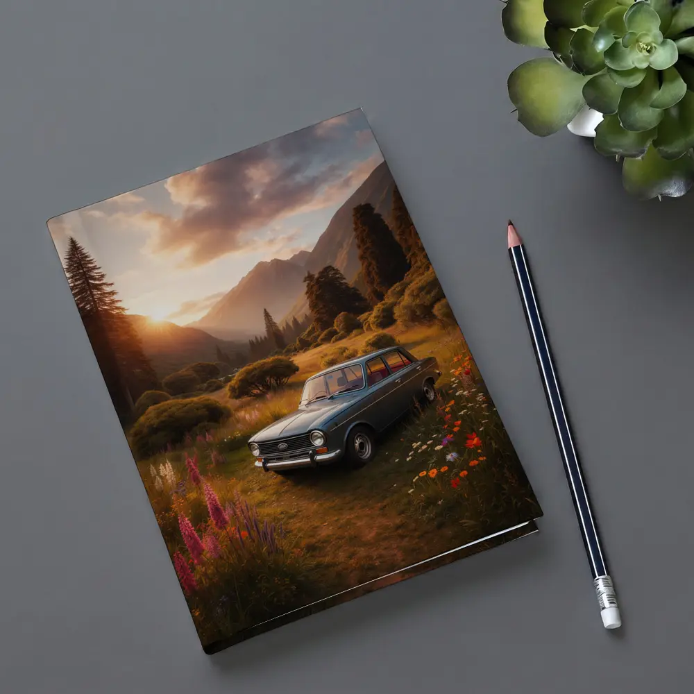 Retro Kia Classic Car Mountain Meadow Sunset – Notebooks