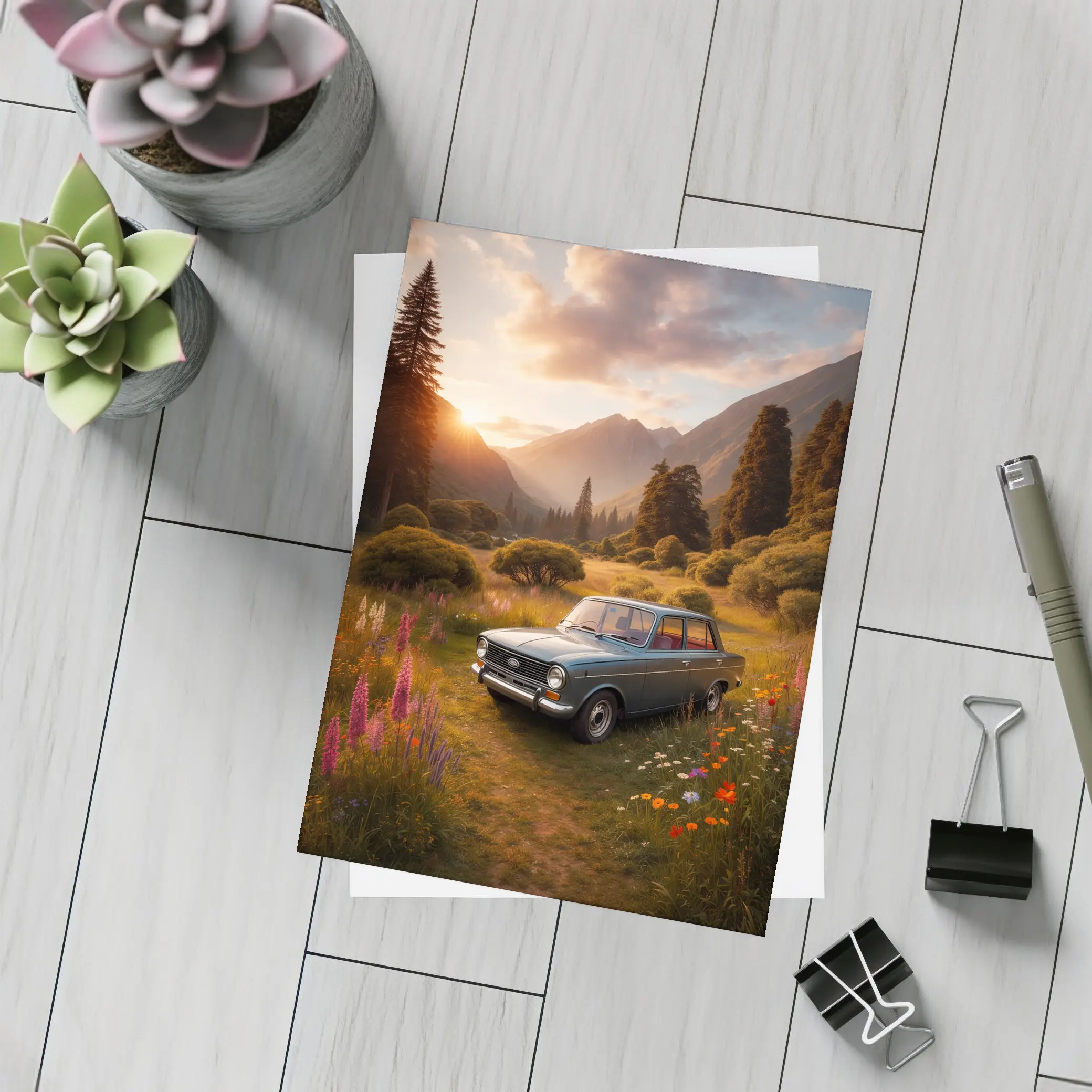 Retro Kia Classic Car Mountain Meadow Sunset – Postcards
