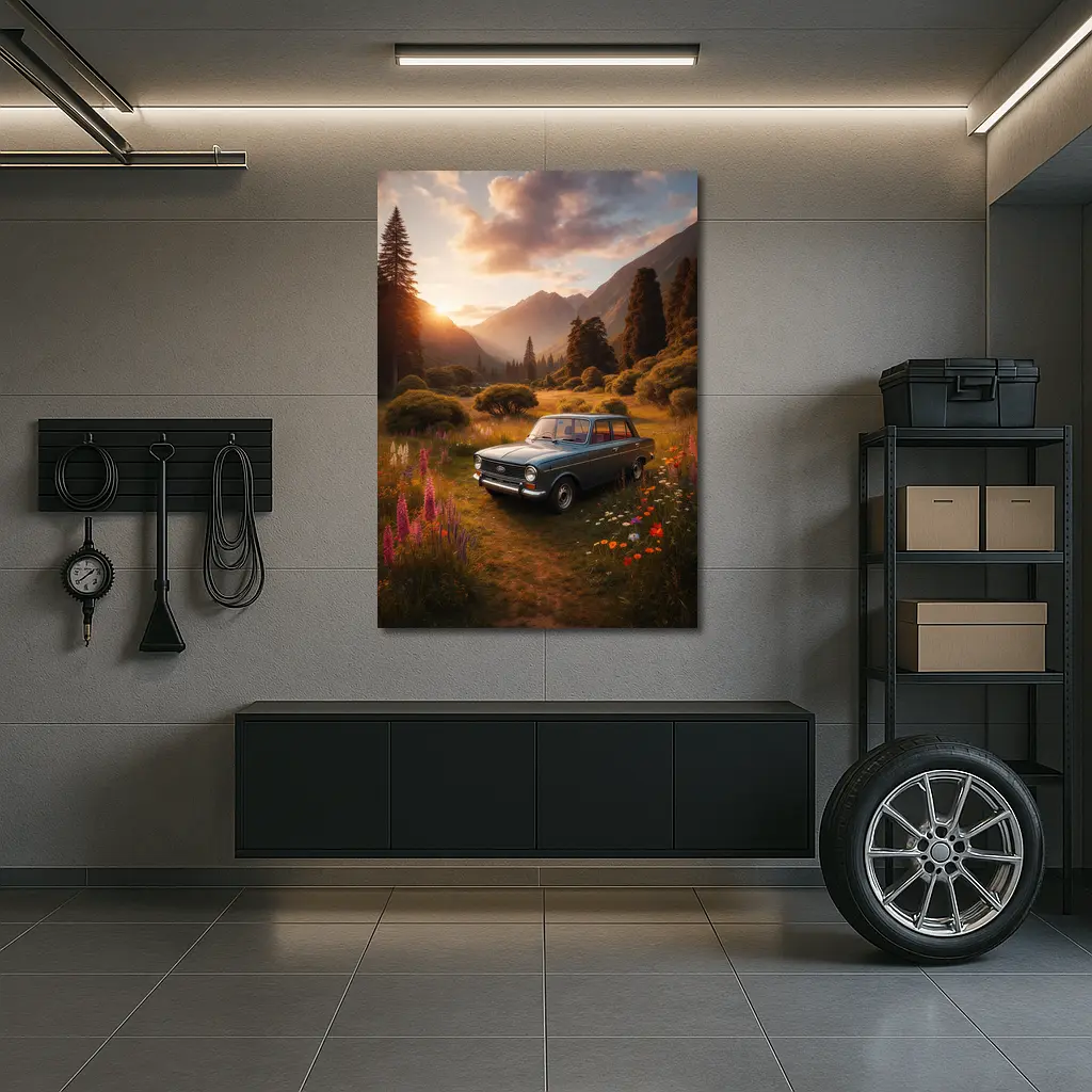Retro Kia Classic Car Mountain Meadow Sunset – Wall Art