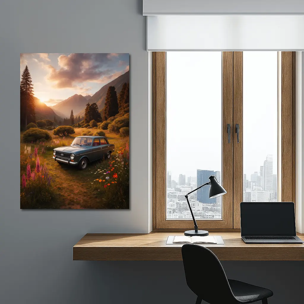 Retro Kia Classic Car Mountain Meadow Sunset – Wall Art