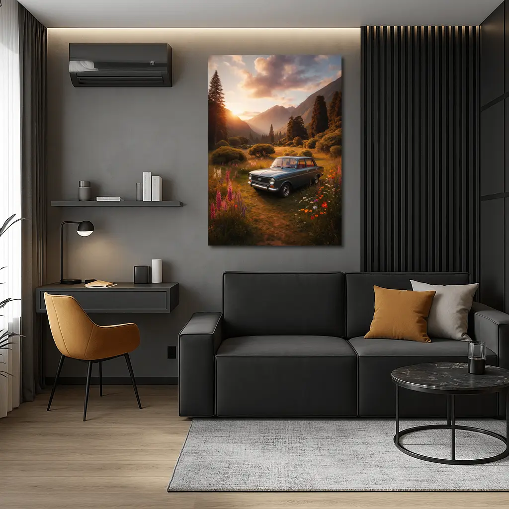 Retro Kia Classic Car Mountain Meadow Sunset – Wall Art