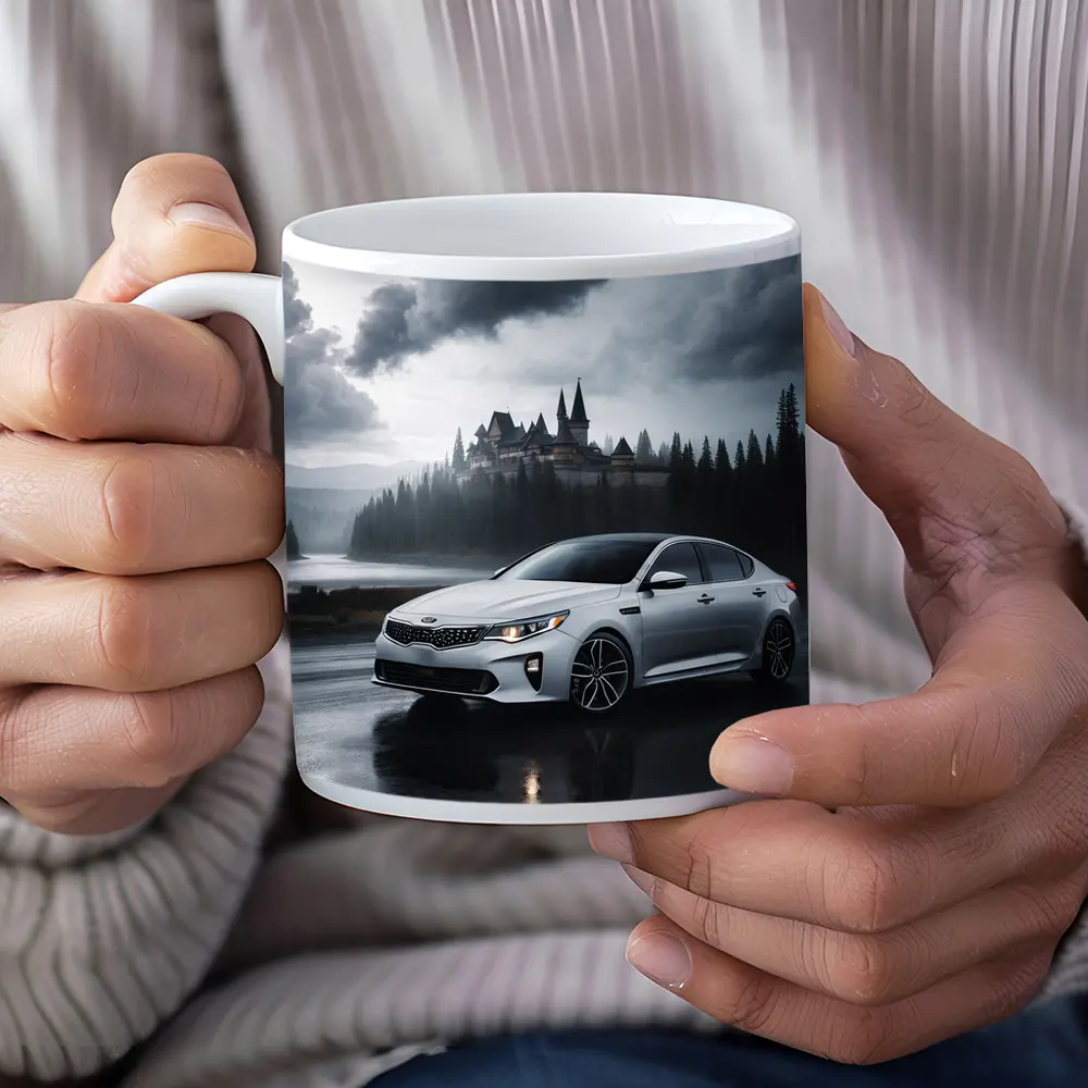 Kia Optima White Sedan Dark Stormy Castle – Mugs