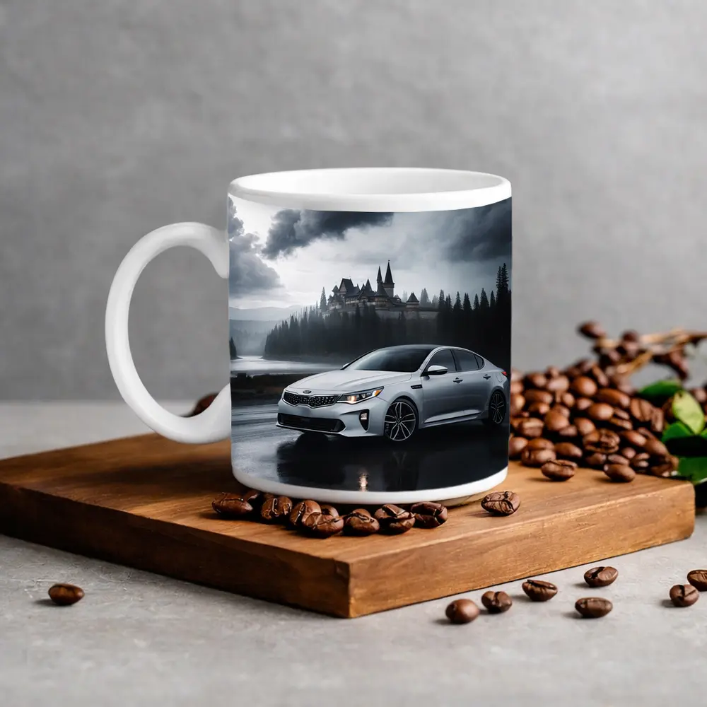 Kia Optima White Sedan Dark Stormy Castle – Mugs