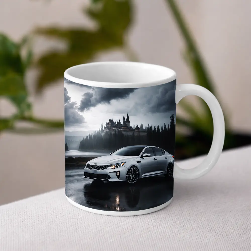 Kia Optima White Sedan Dark Stormy Castle – Mugs