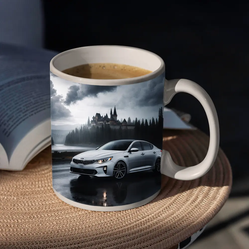 Kia Optima White Sedan Dark Stormy Castle – Mugs