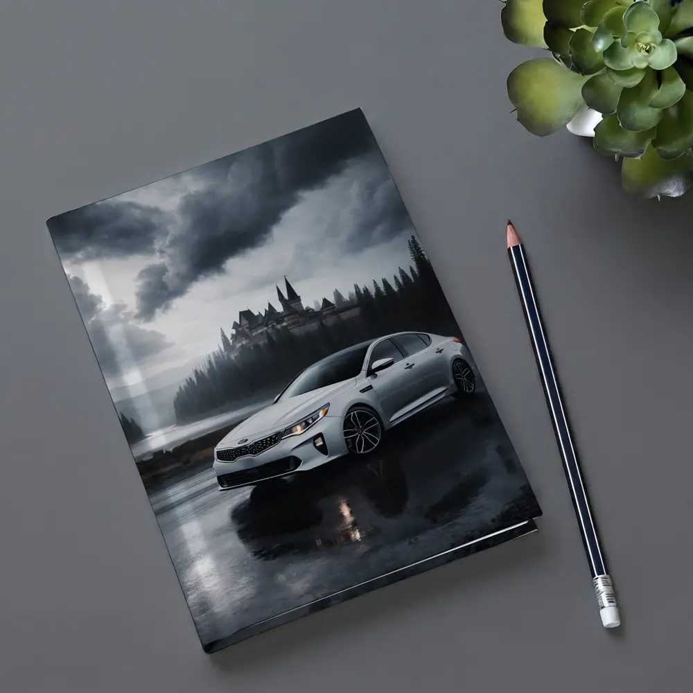 Kia Optima White Sedan Dark Stormy Castle – Notebooks