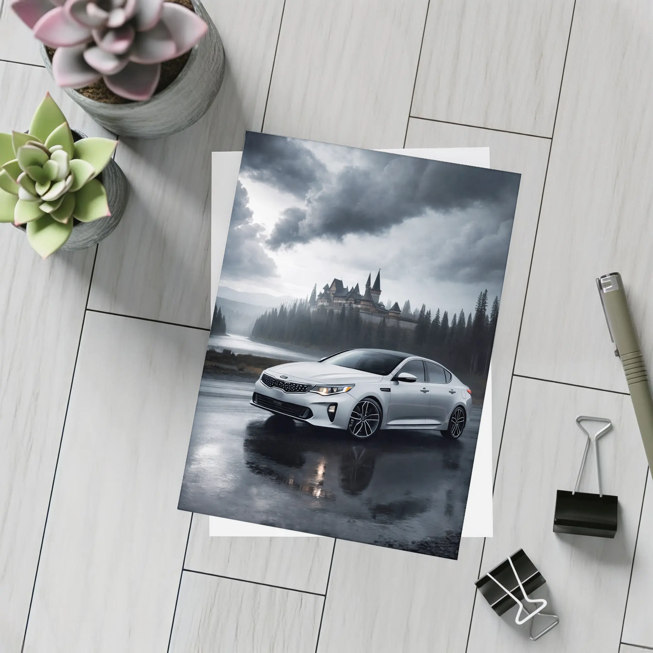 Kia Optima White Sedan Dark Stormy Castle – Postcards
