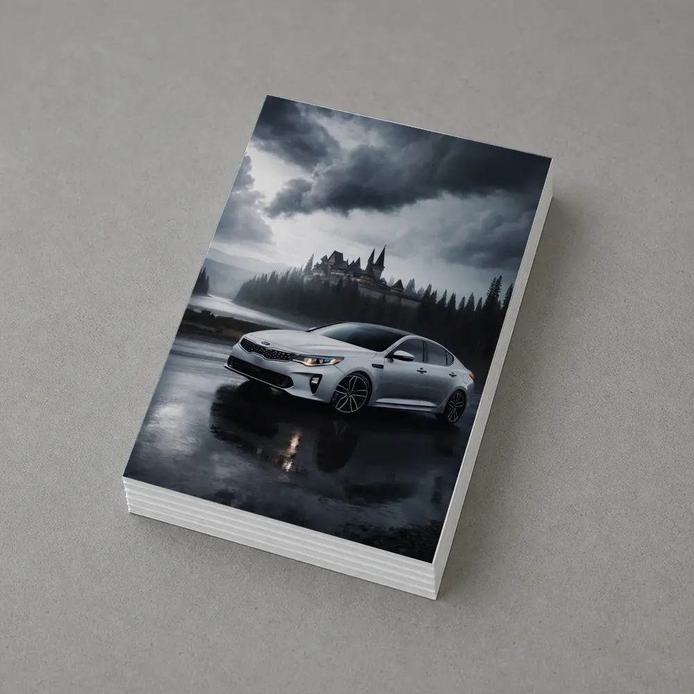 Kia Optima White Sedan Dark Stormy Castle – Postcards