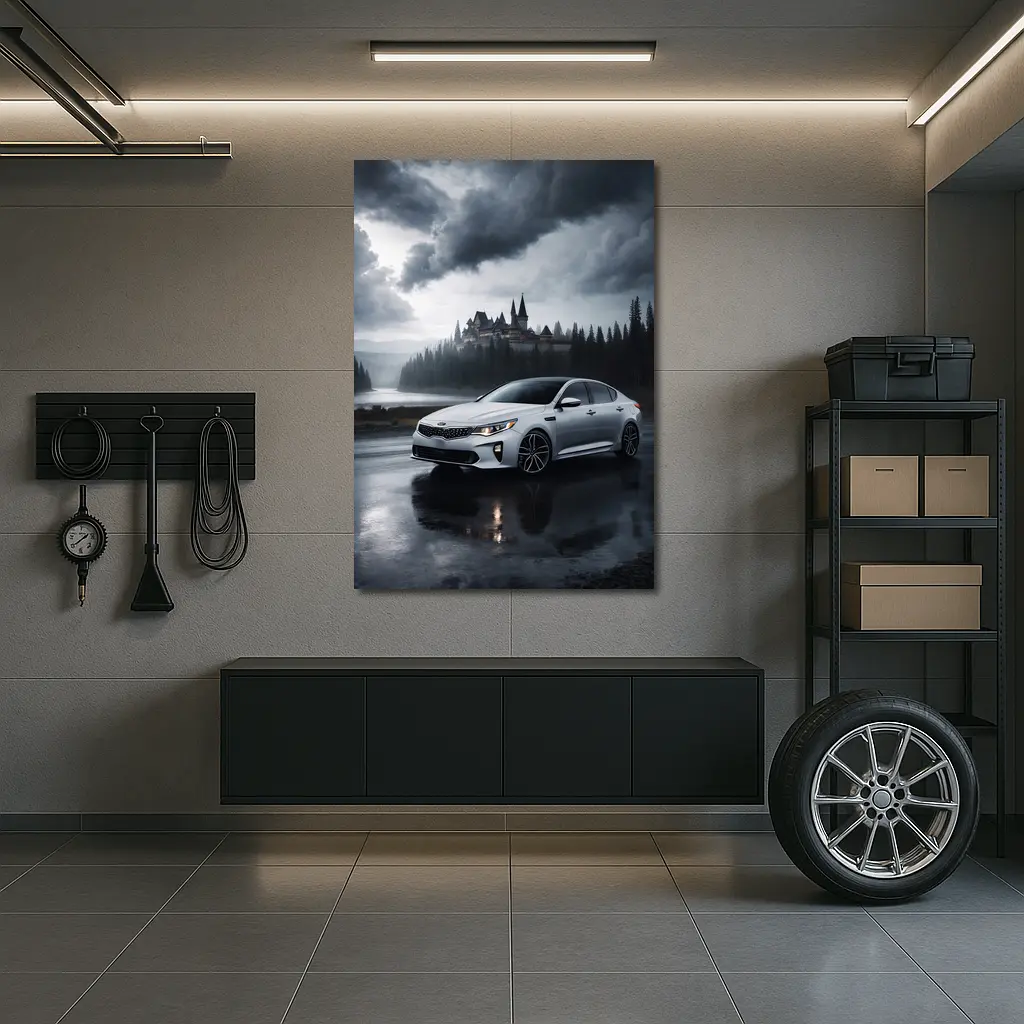 Kia Optima White Sedan Dark Stormy Castle – Wall Art