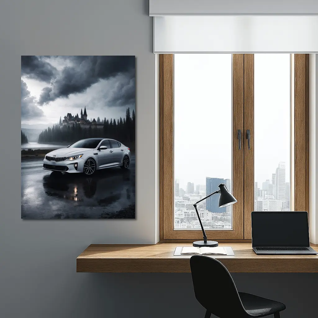 Kia Optima White Sedan Dark Stormy Castle – Wall Art