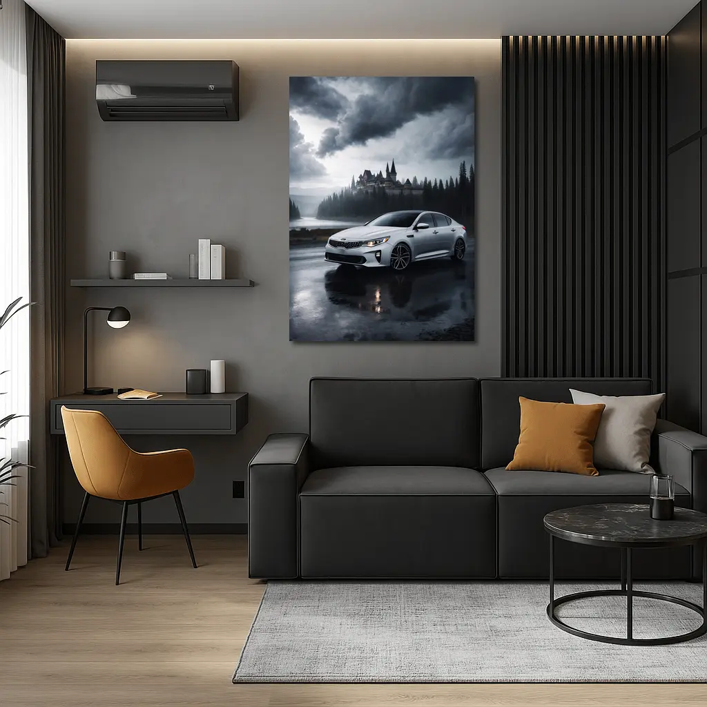 Kia Optima White Sedan Dark Stormy Castle – Wall Art