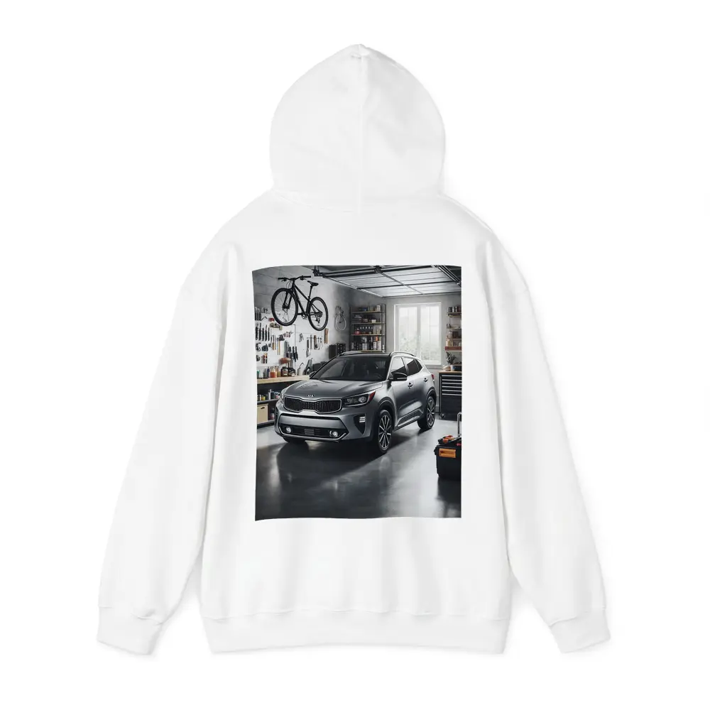 Kia Seltos SUV Parked Inside Workshop Garage – Hoodies