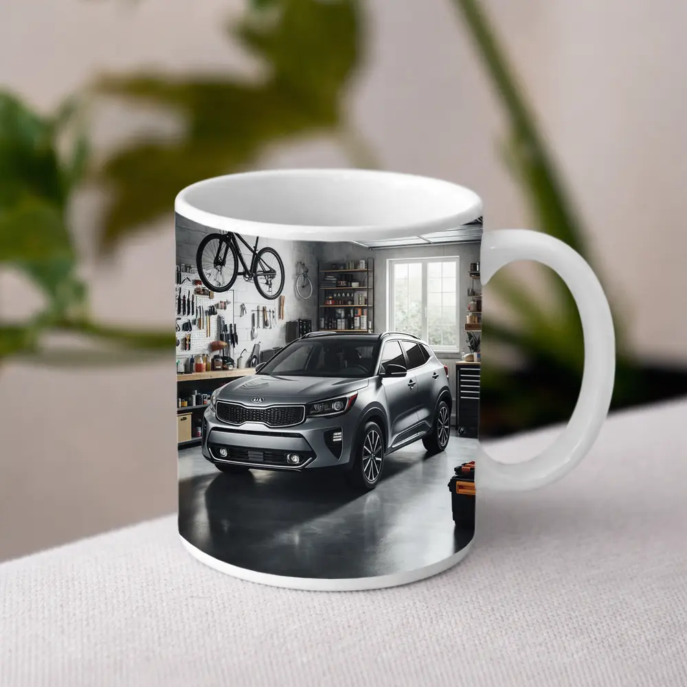 Kia Seltos SUV Parked Inside Workshop Garage – Mugs