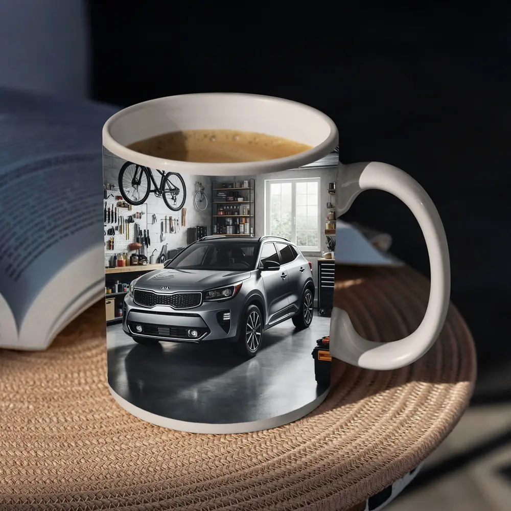 Kia Seltos SUV Parked Inside Workshop Garage – Mugs