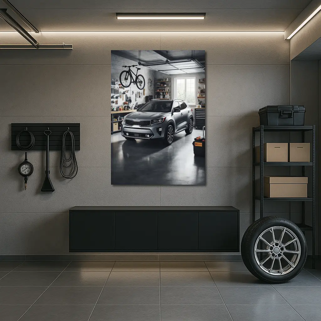 Kia Seltos SUV Parked Inside Workshop Garage – Wall Art
