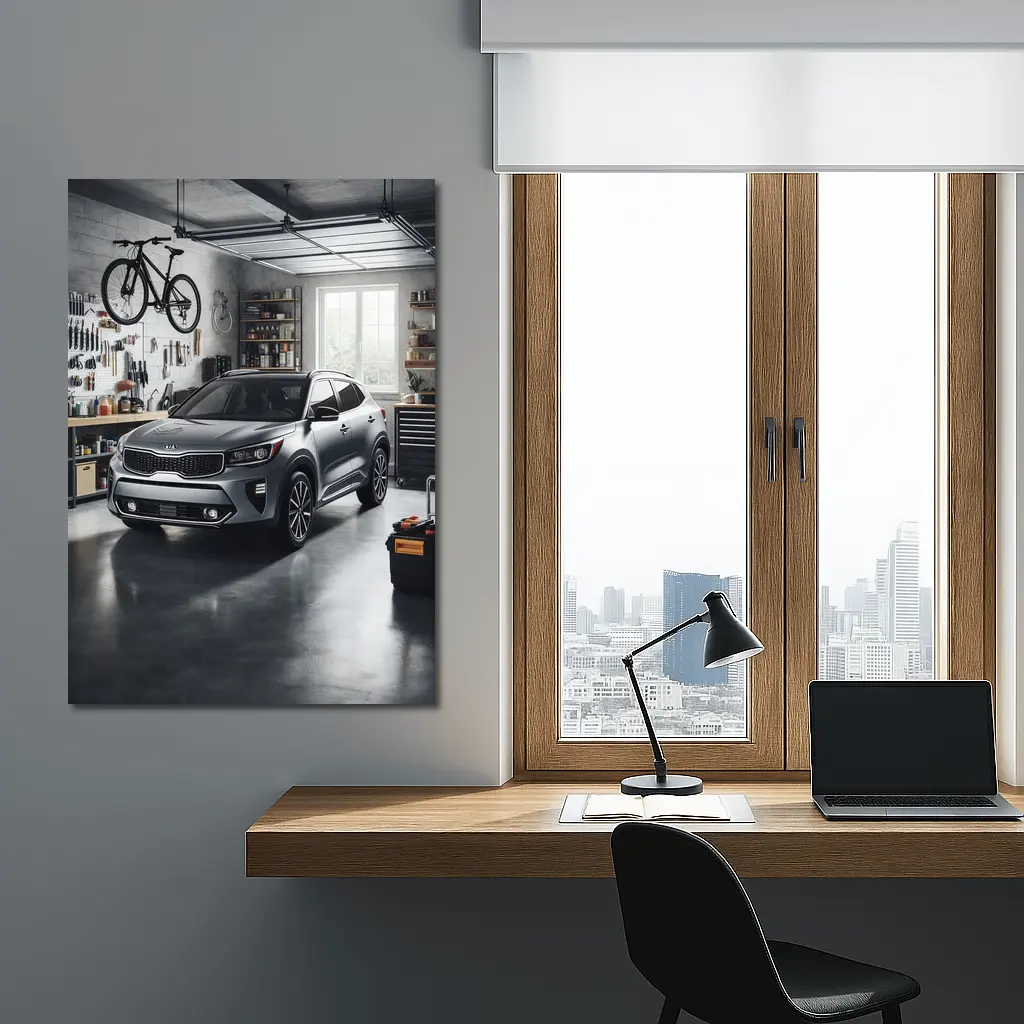 Kia Seltos SUV Parked Inside Workshop Garage – Wall Art