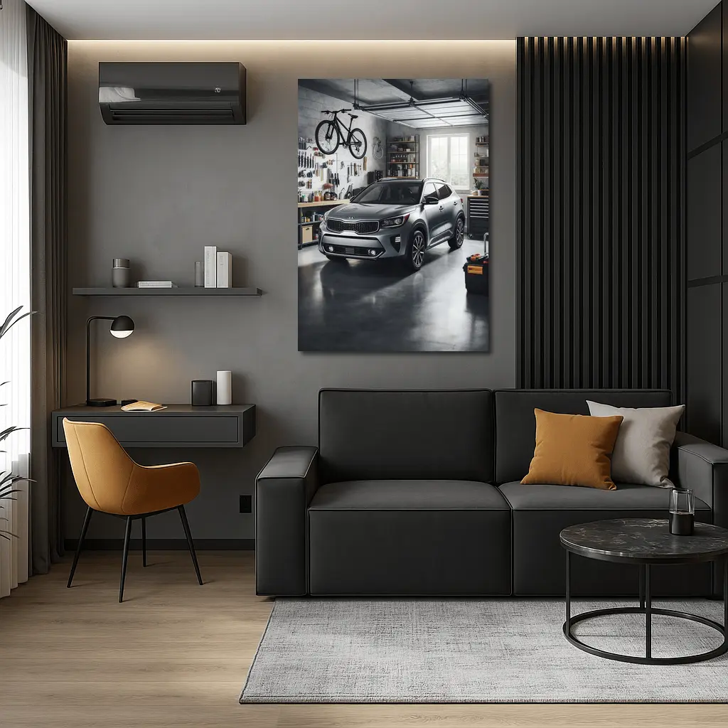 Kia Seltos SUV Parked Inside Workshop Garage – Wall Art