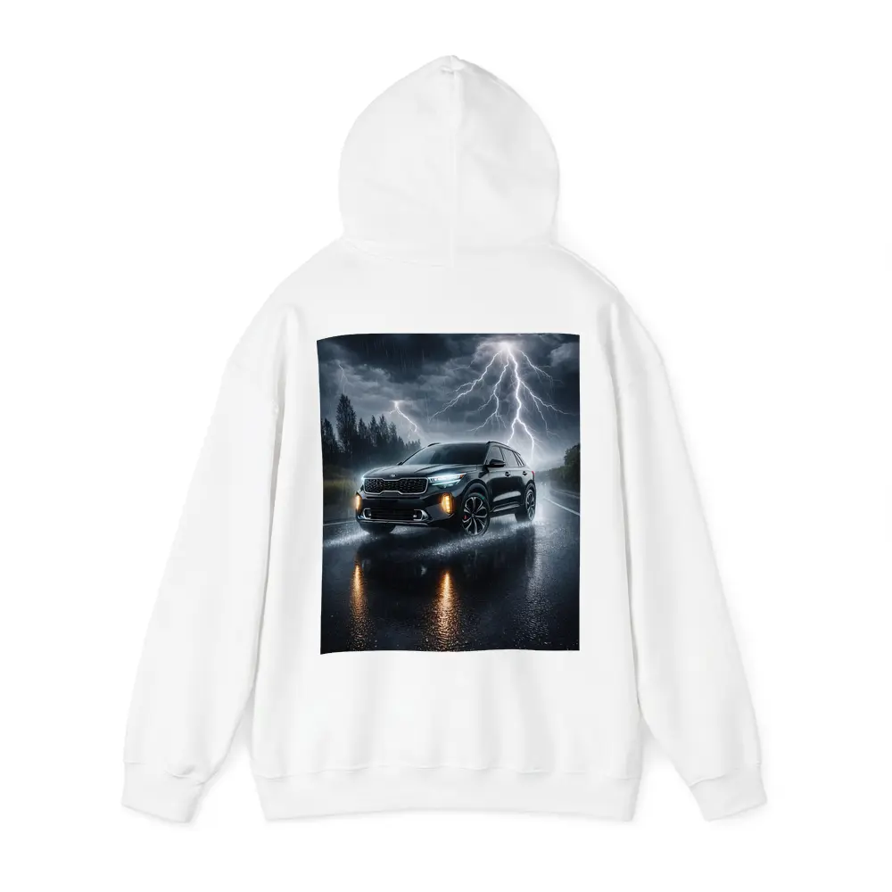 Kia Seltos SUV Driving Through Thunderstorm Night – Hoodies