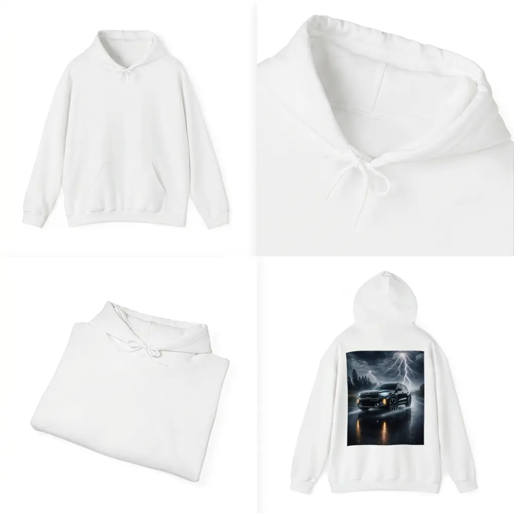 Kia Seltos SUV Driving Through Thunderstorm Night – Hoodies