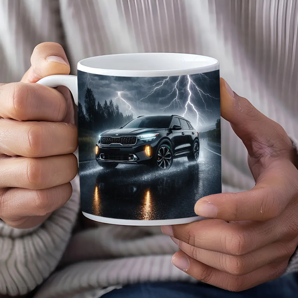 Kia Seltos SUV Driving Through Thunderstorm Night – Mugs