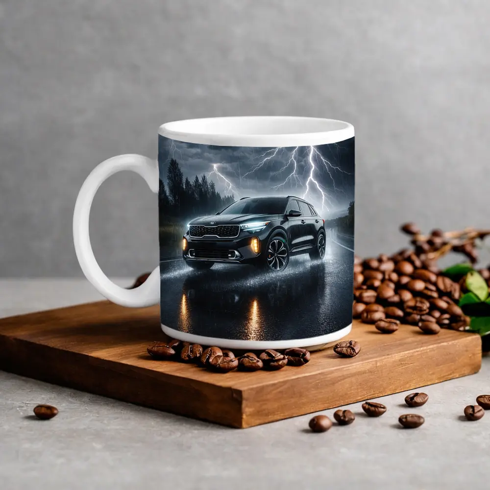 Kia Seltos SUV Driving Through Thunderstorm Night – Mugs