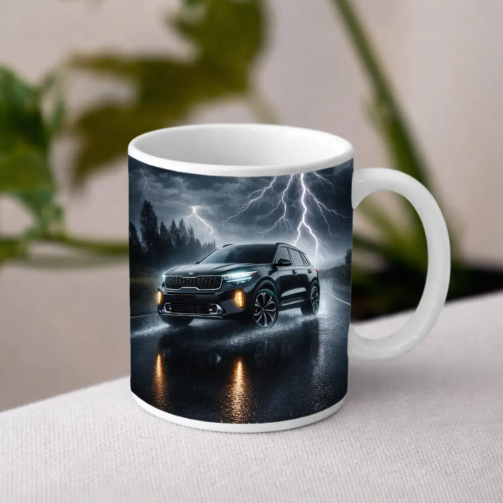 Kia Seltos SUV Driving Through Thunderstorm Night – Mugs