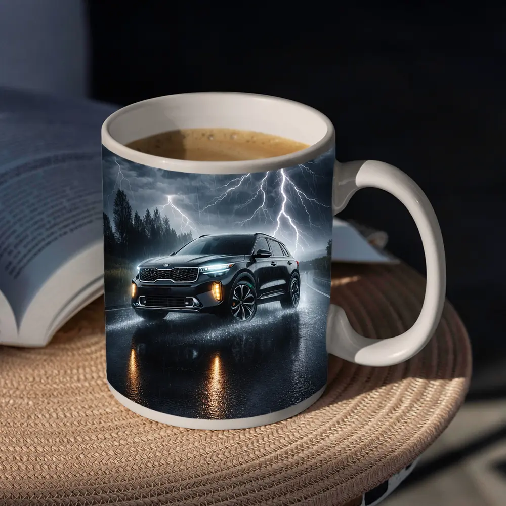 Kia Seltos SUV Driving Through Thunderstorm Night – Mugs