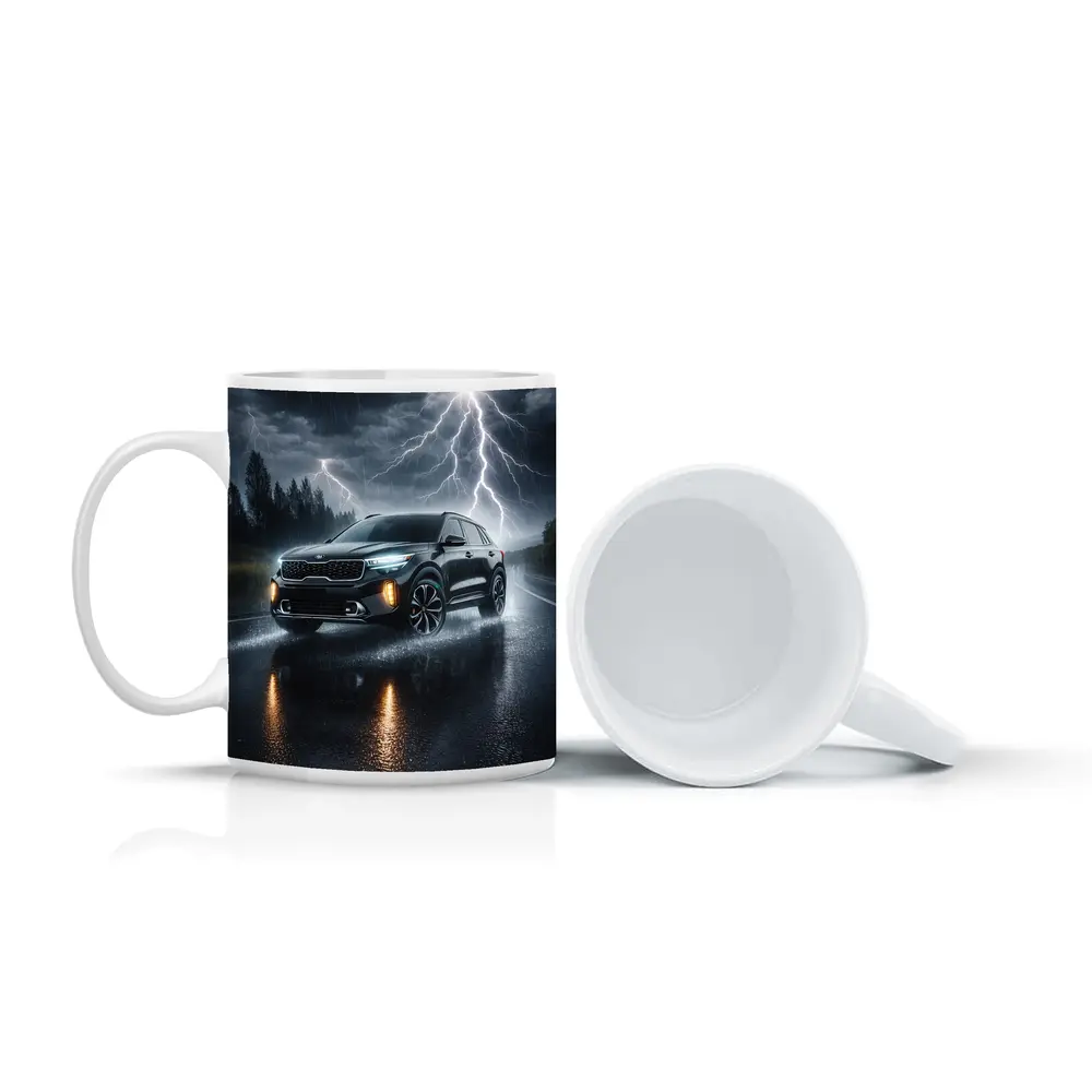 Kia Seltos SUV Driving Through Thunderstorm Night – Mugs