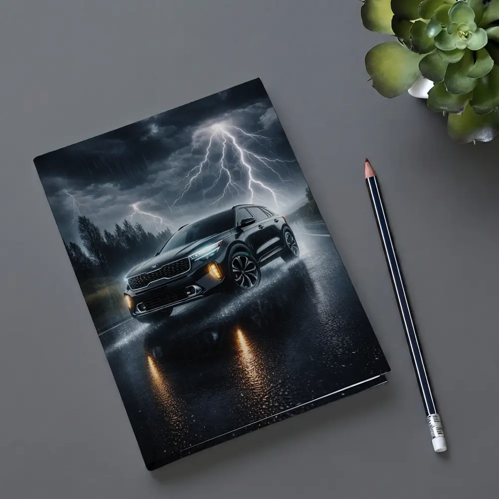 Kia Seltos SUV Driving Through Thunderstorm Night – Notebooks