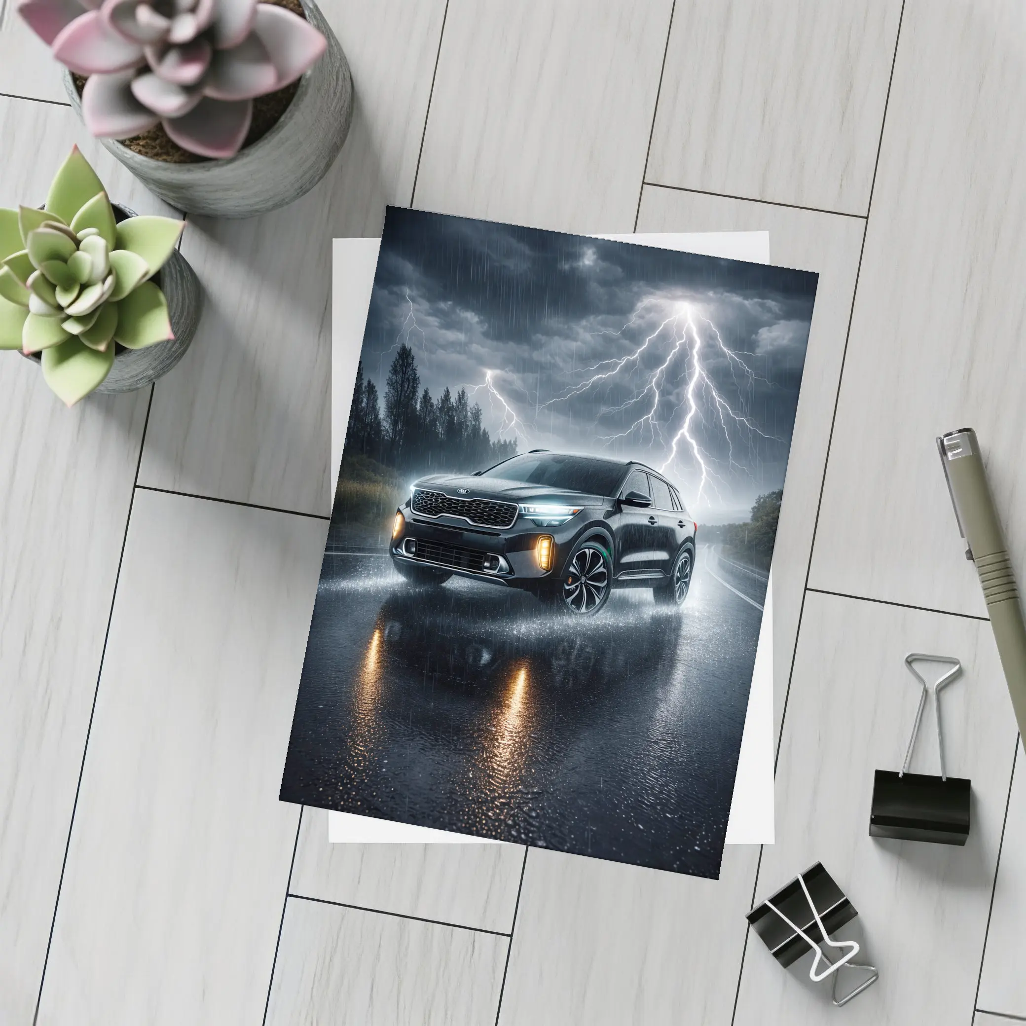 Kia Seltos SUV Driving Through Thunderstorm Night – Postcards