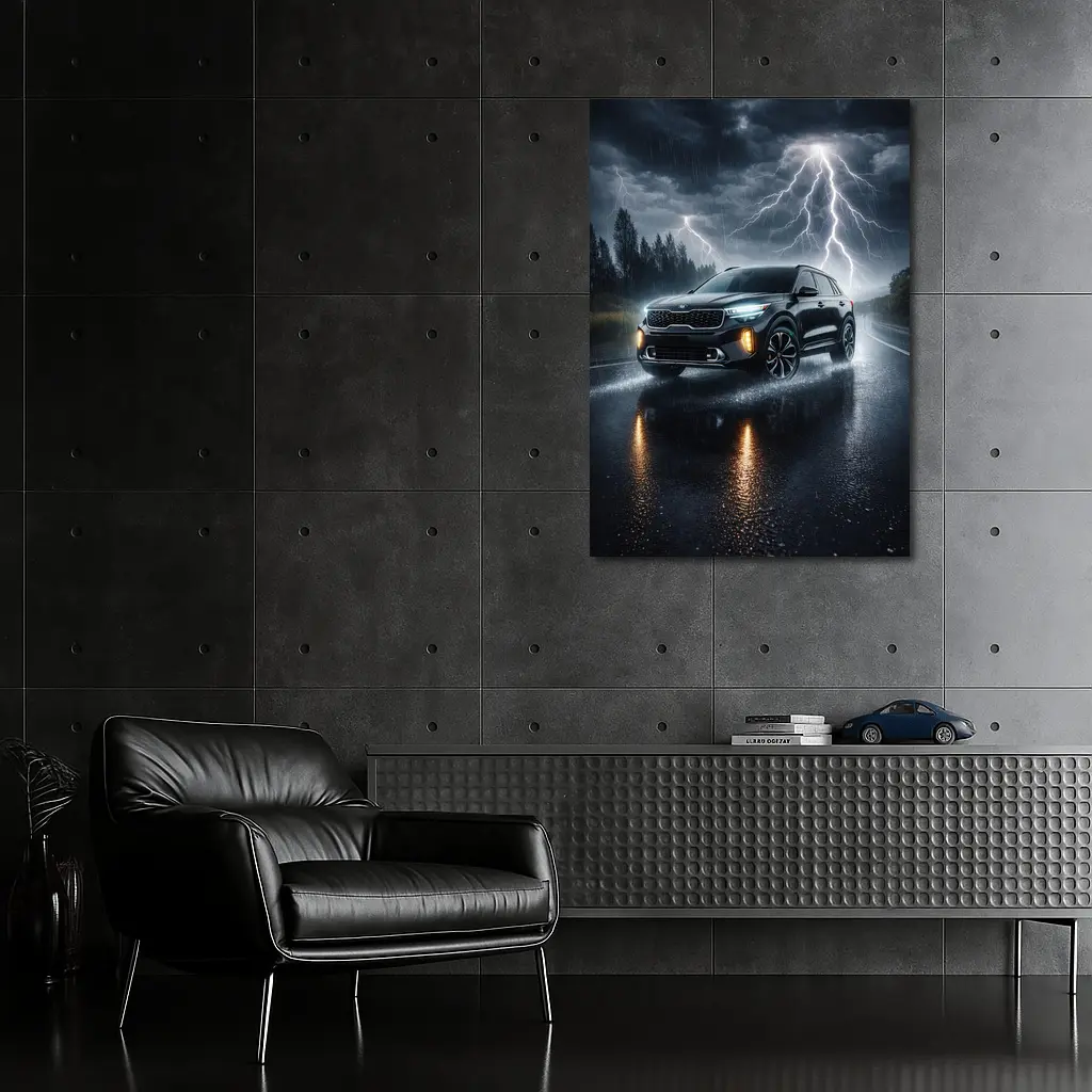 Kia Seltos SUV Driving Through Thunderstorm Night – Wall Art