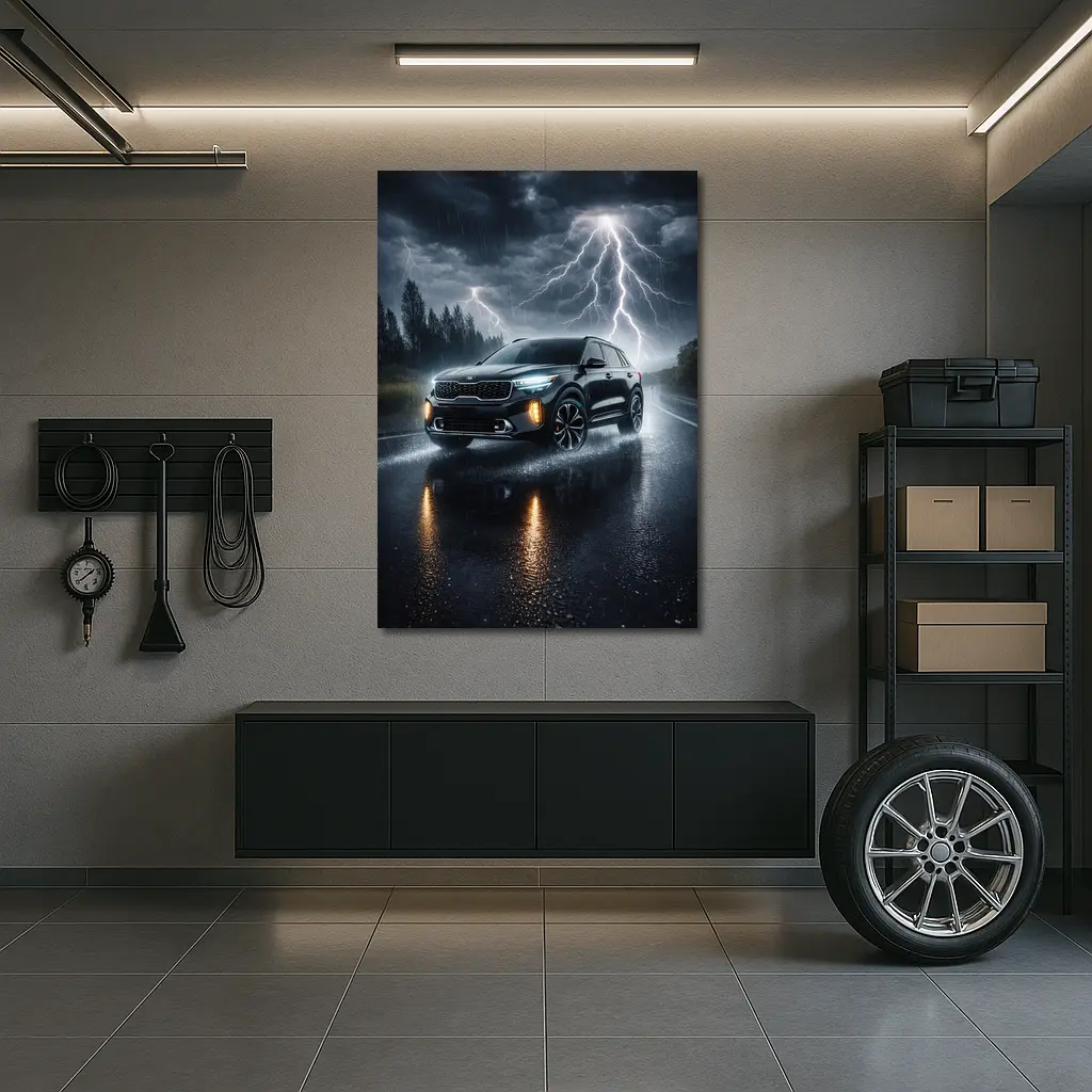 Kia Seltos SUV Driving Through Thunderstorm Night – Wall Art
