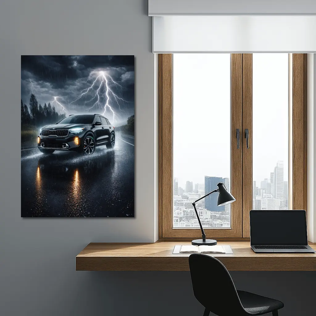 Kia Seltos SUV Driving Through Thunderstorm Night – Wall Art