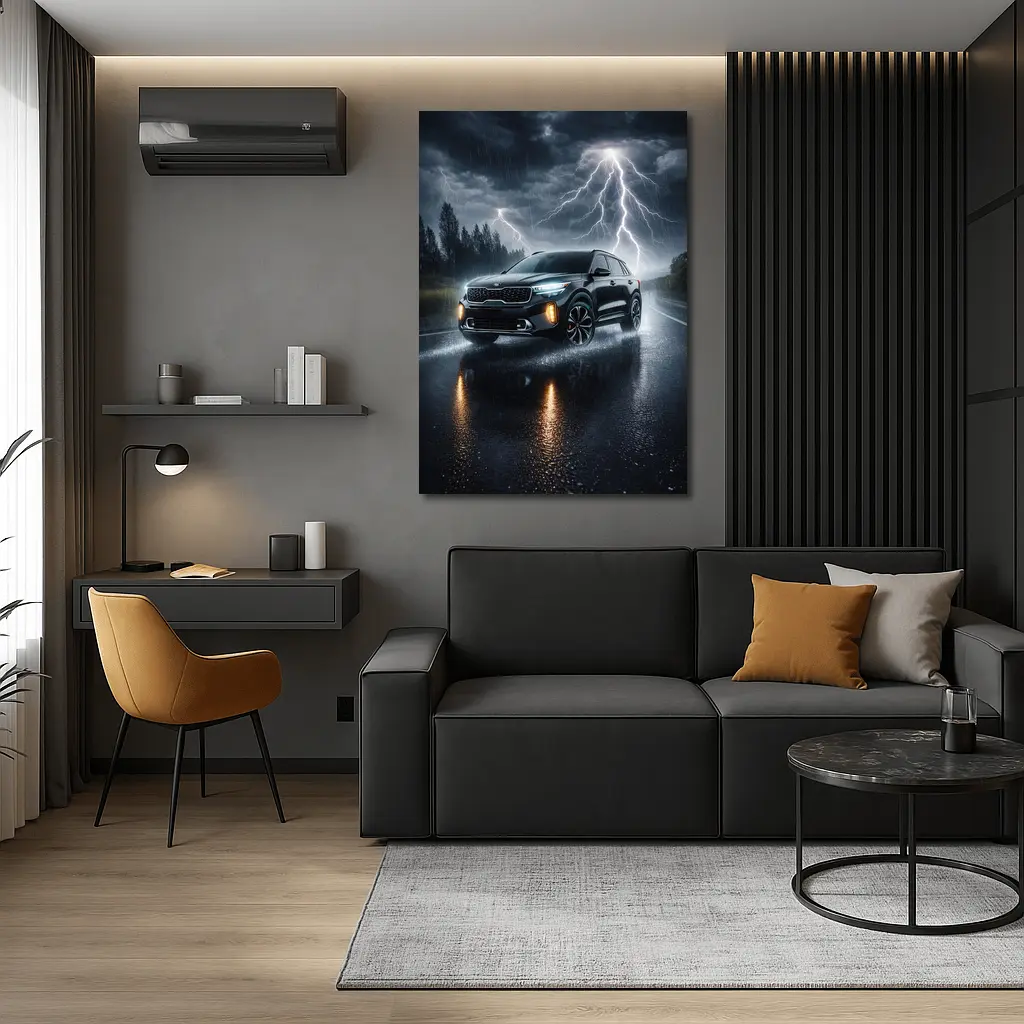 Kia Seltos SUV Driving Through Thunderstorm Night – Wall Art