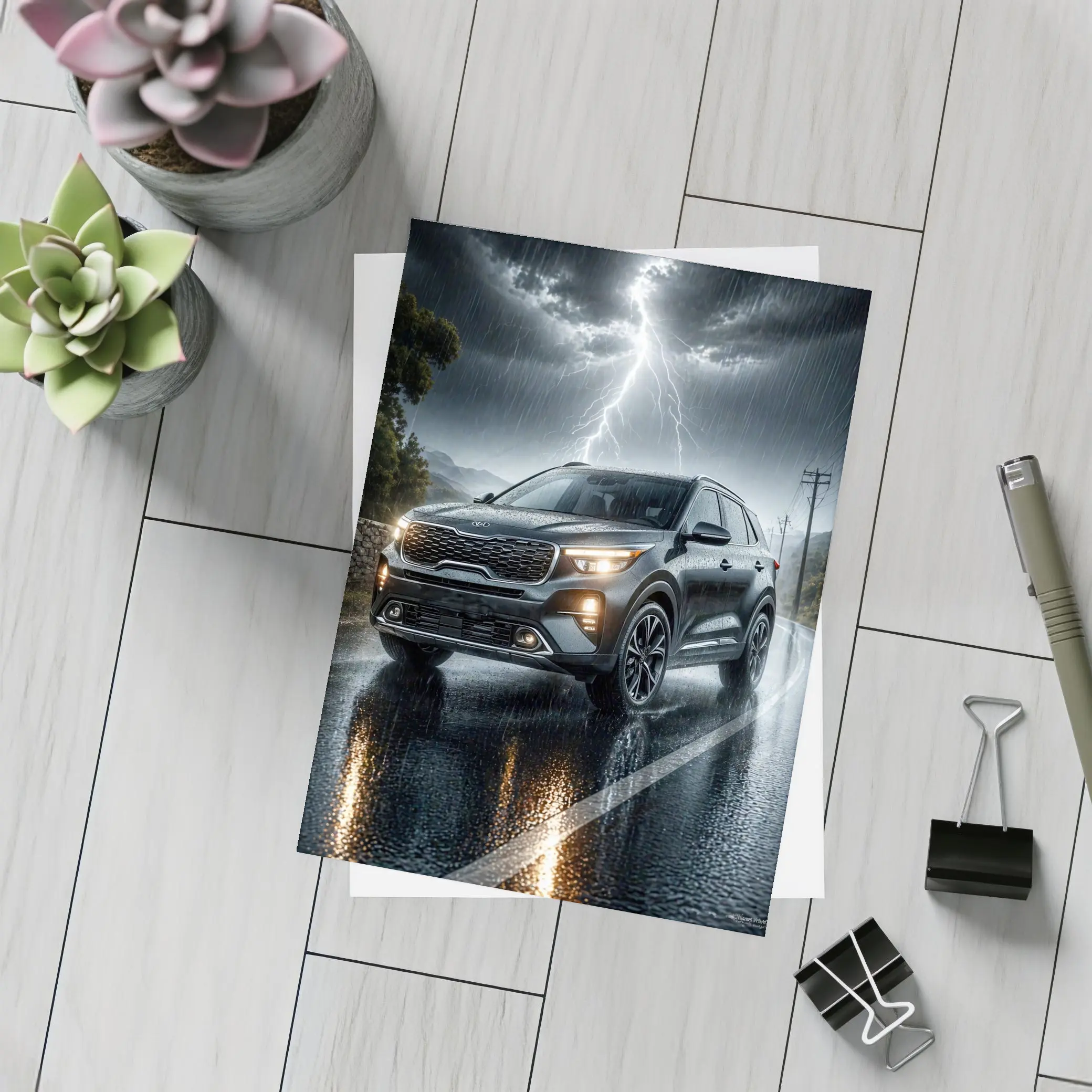 Kia Seltos SUV Dark Rainy Thunderstorm Night – Postcards