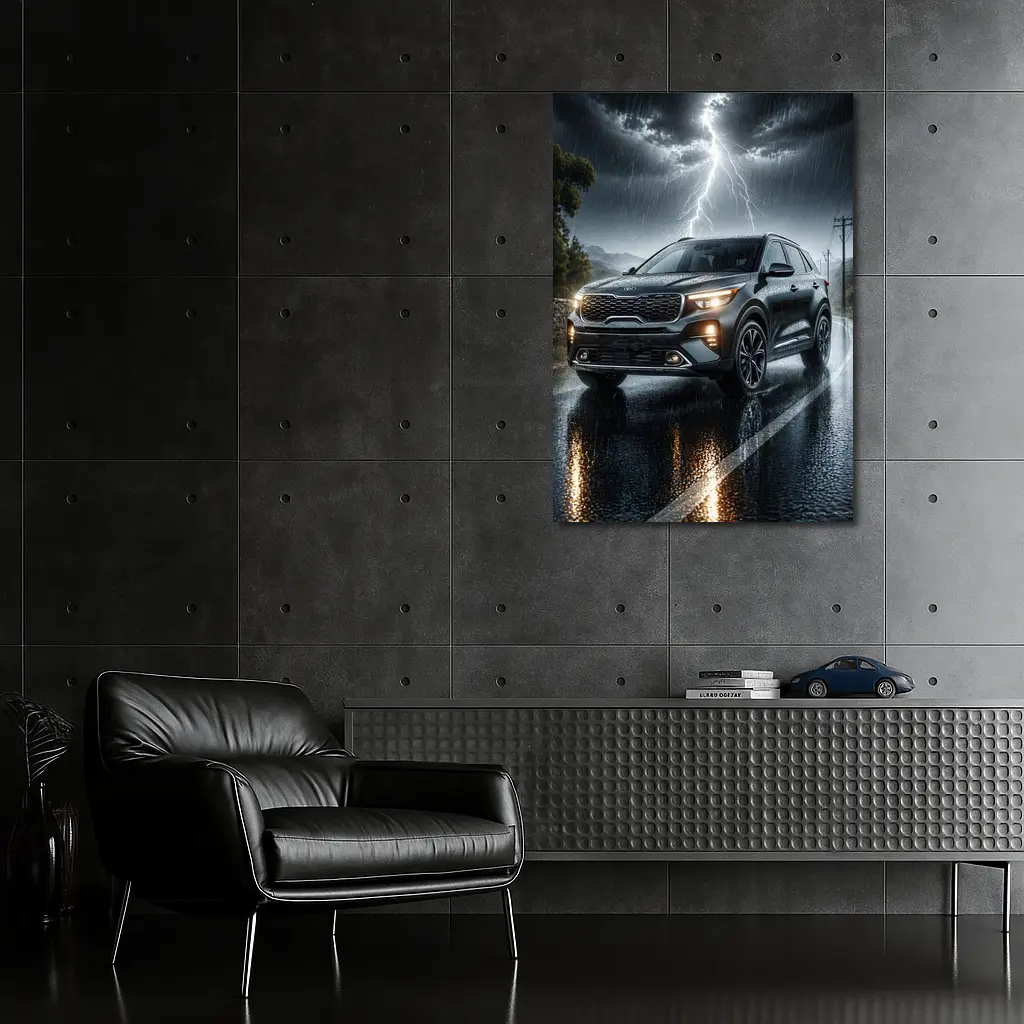 Kia Seltos SUV Dark Rainy Thunderstorm Night – Wall Art