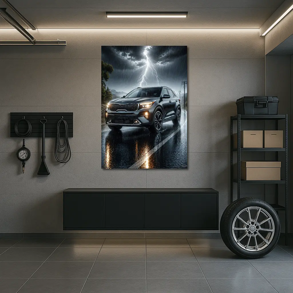 Kia Seltos SUV Dark Rainy Thunderstorm Night – Wall Art
