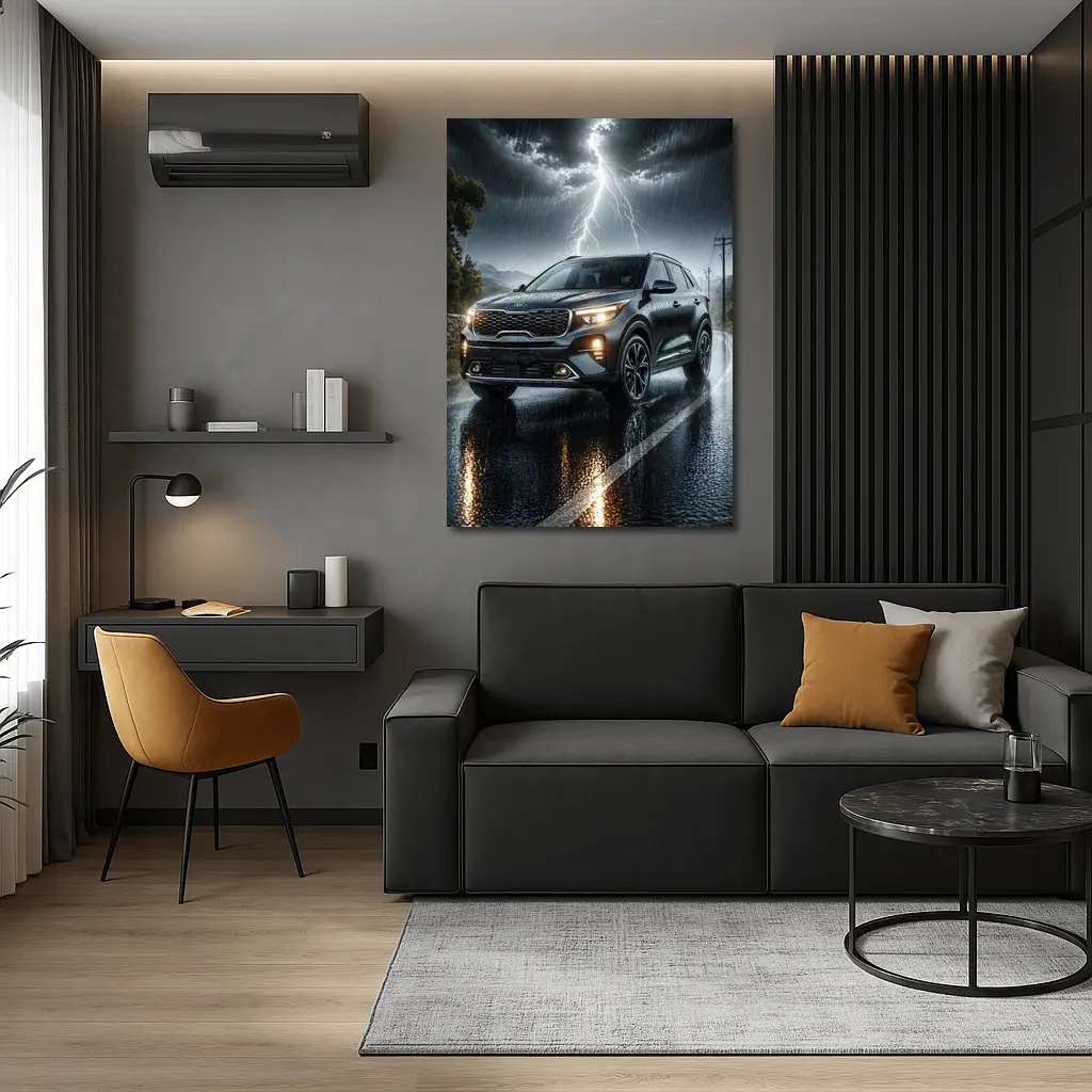 Kia Seltos SUV Dark Rainy Thunderstorm Night – Wall Art