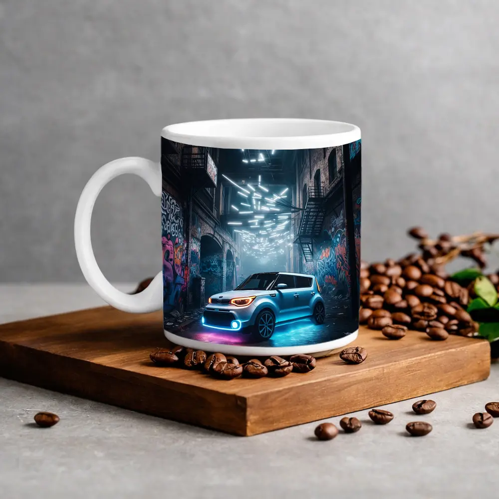 Kia Soul Neon Lights Urban Alley Night – Mugs