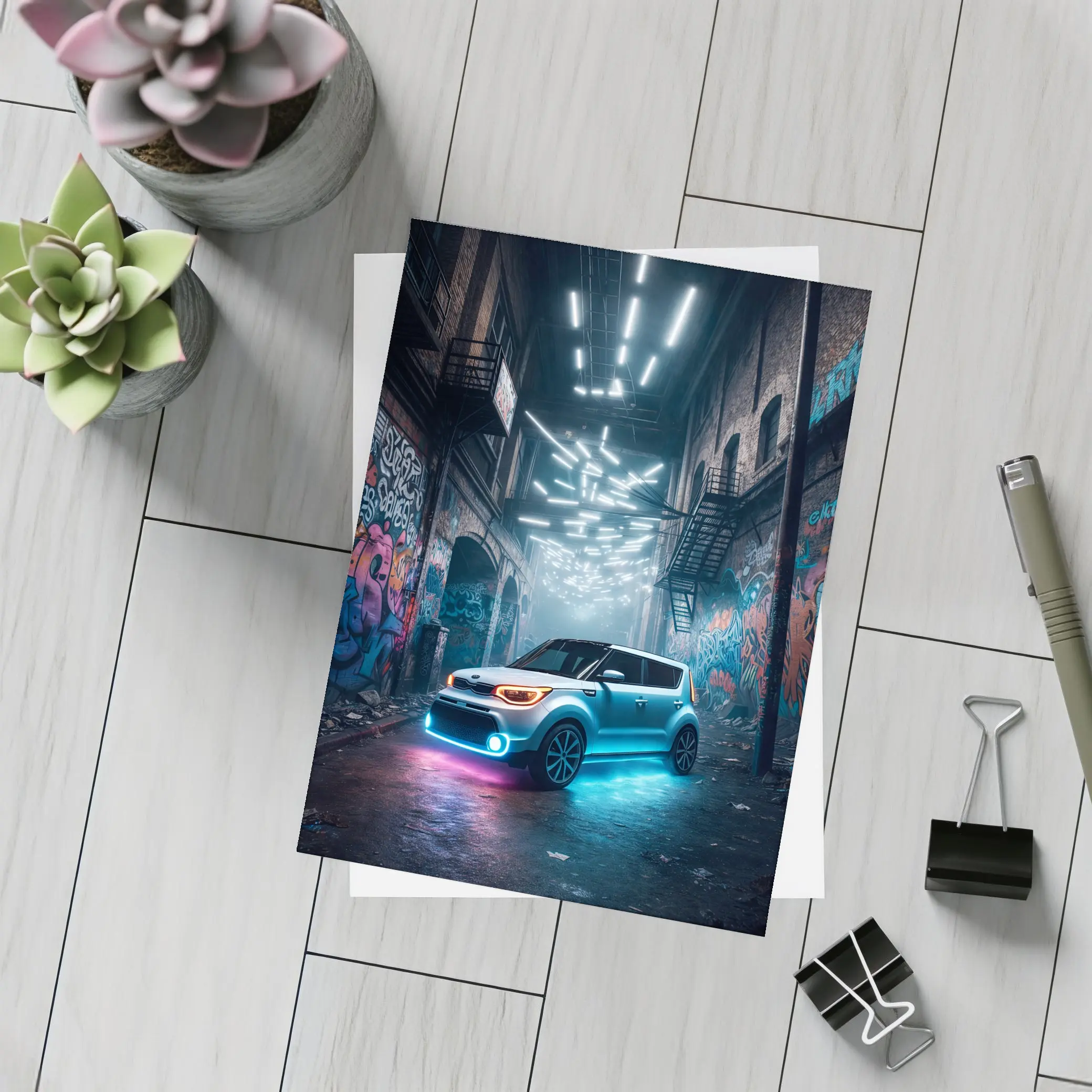 Kia Soul Neon Lights Urban Alley Night – Postcards