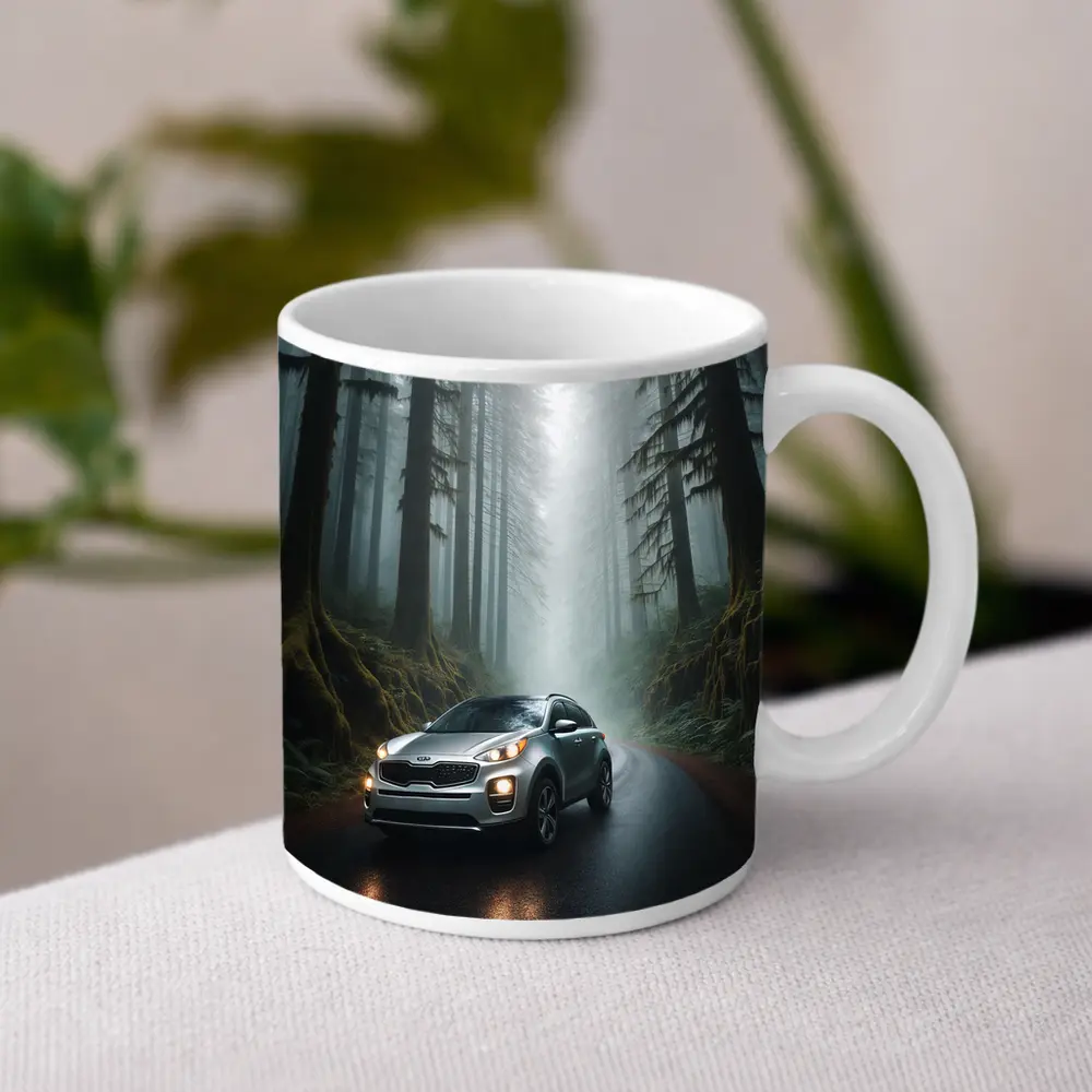 Kia Sportage Silver SUV Misty Forest Road – Mugs