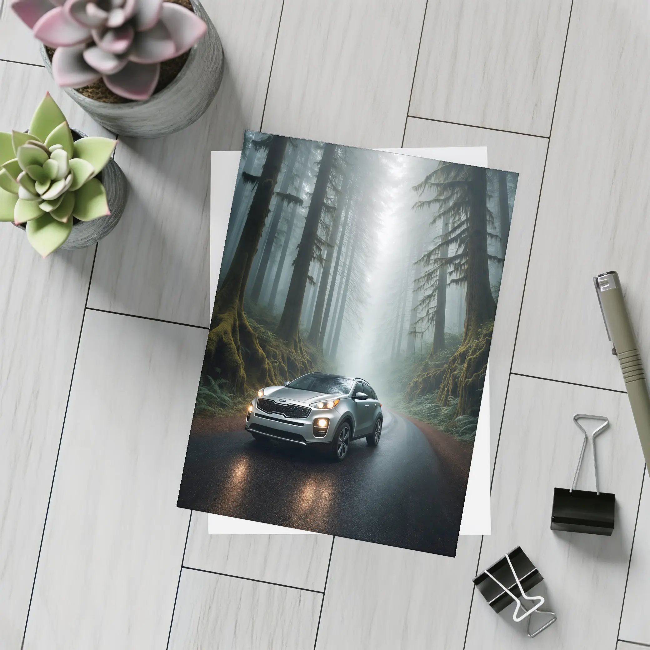 Kia Sportage Silver SUV Misty Forest Road – Postcards