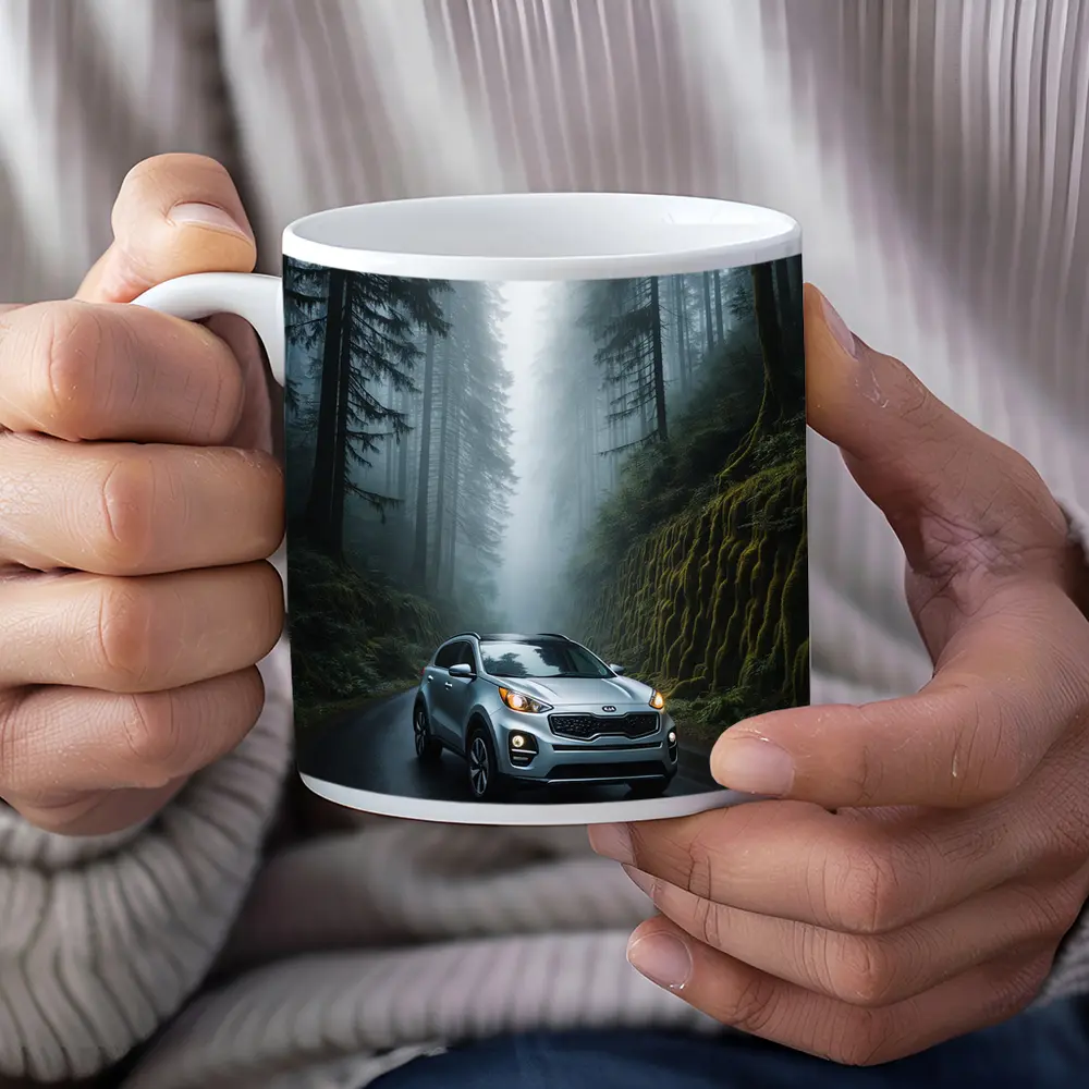 Kia Sportage Silver SUV Misty Forest Road – Mugs
