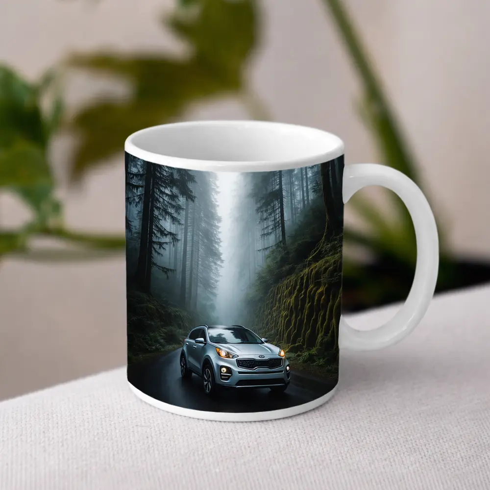 Kia Sportage Silver SUV Misty Forest Road – Mugs