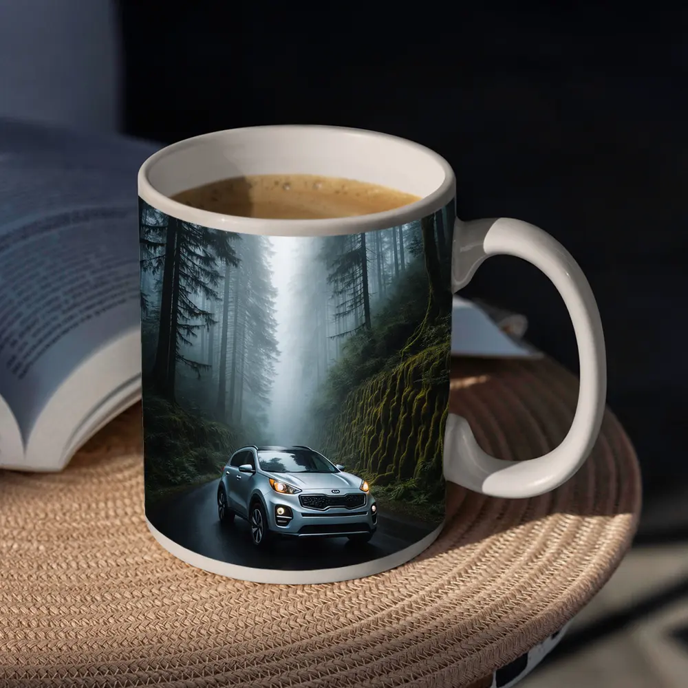 Kia Sportage Silver SUV Misty Forest Road – Mugs